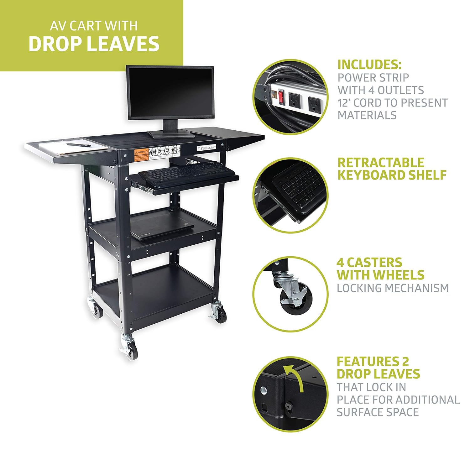 Pearington Rolling AV Cart with Drop Leaves and Adjustable Shelves for TV, Printer, or Laptop: Industrial & Scientific