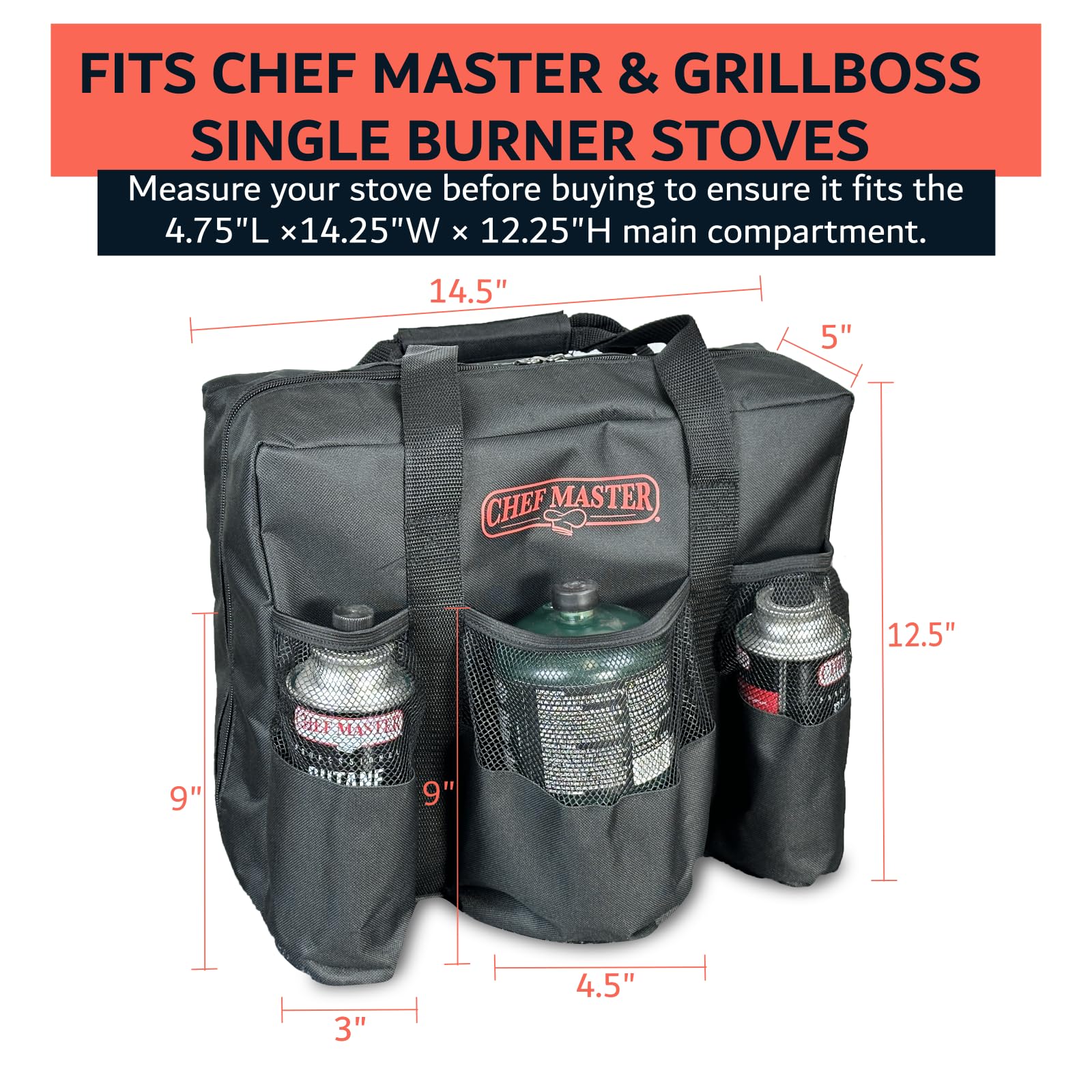 Chef Master Carrying Bag for Camp Stove & Butane Fuel Canister, Travel Camping Bag for Tin Cans, Compatible for Most Portable Camp Stoves & Dual Fuel Stove for Outdoor Trip, Camping Essential 90080