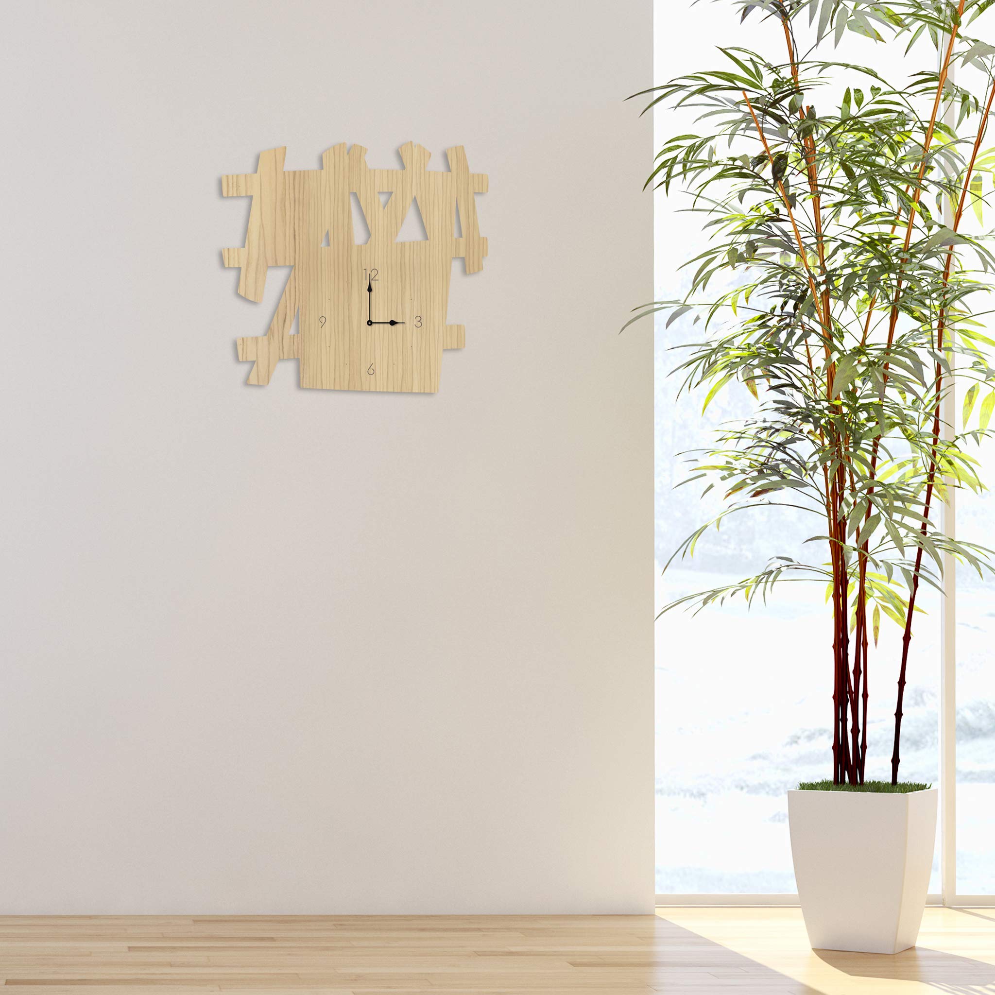 L:A:S Laser Art Style Wall Clock Modern Design for Kitchen Living Room W-393, Wood, Natural Wood, 65 x 60 cm