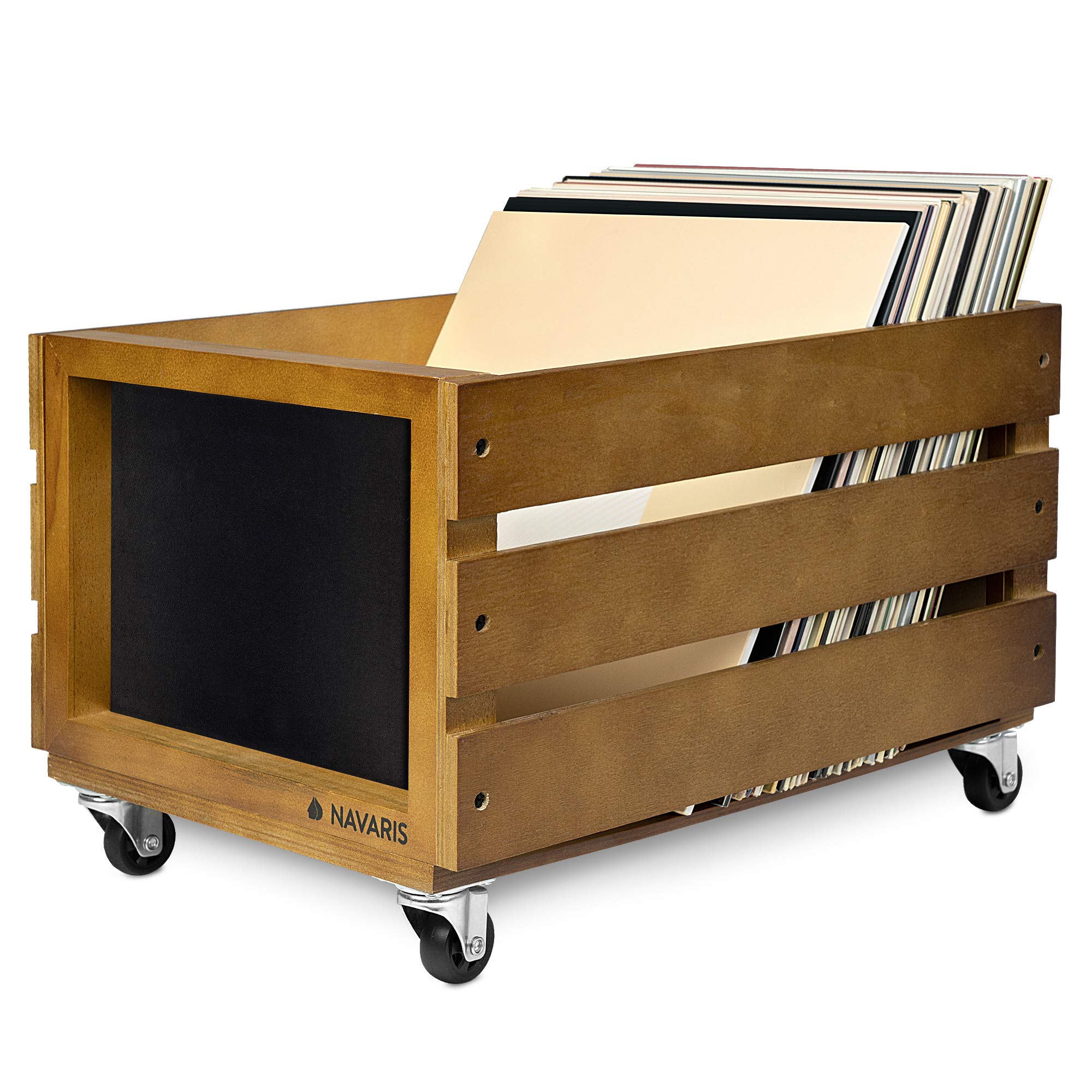 Navaris Wooden Record Crate with Wheels - Vinyl Album Storage Holder Box Wood Case with Chalkboard Sign Board - Holds up to 80 LP Records - Brown