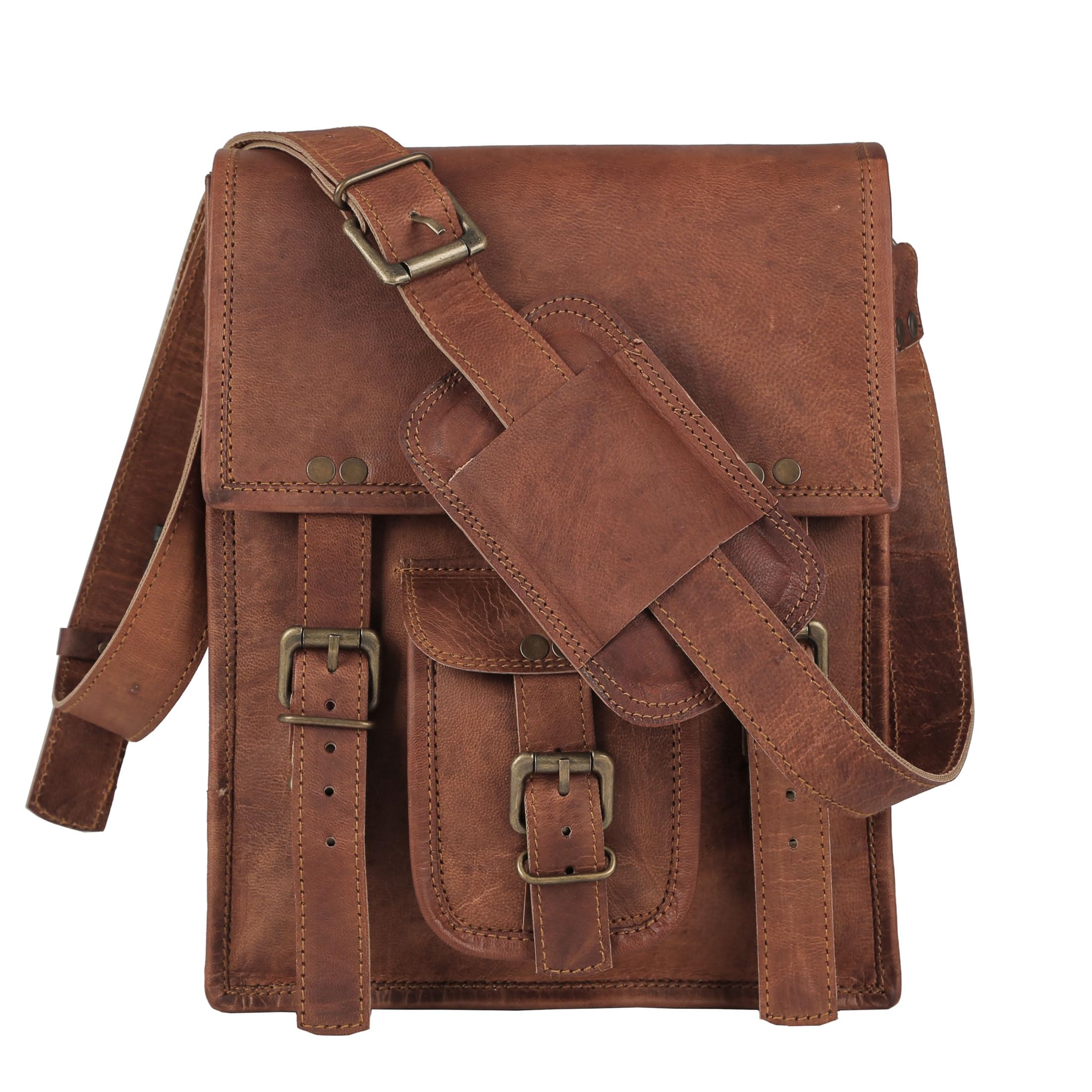 Leather crossbody bag messenger satchel tablet bag 11 inches for men and women (Brown)