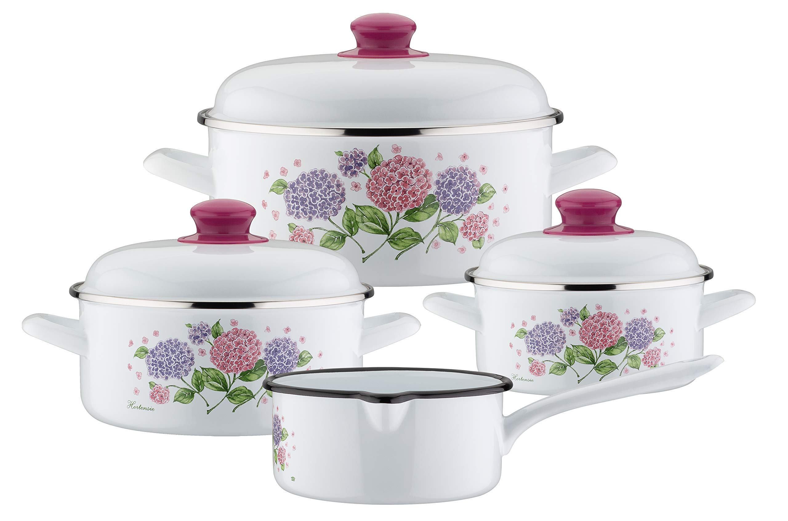 GSW 189989 Hydrangea Saucepan Set 7 Pieces Steel Enamel Plastic White