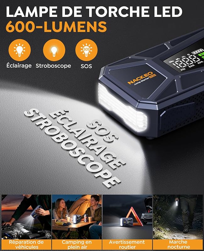Booster Batterie Voiture 8000A avec Compresseur 160PSI, 12V Booster Voiture Portable (Essence & Diesel 12L), Démarreur Batterie Voiture avec Écran LCD,Eclairage de Secours,Banque d'alimentation