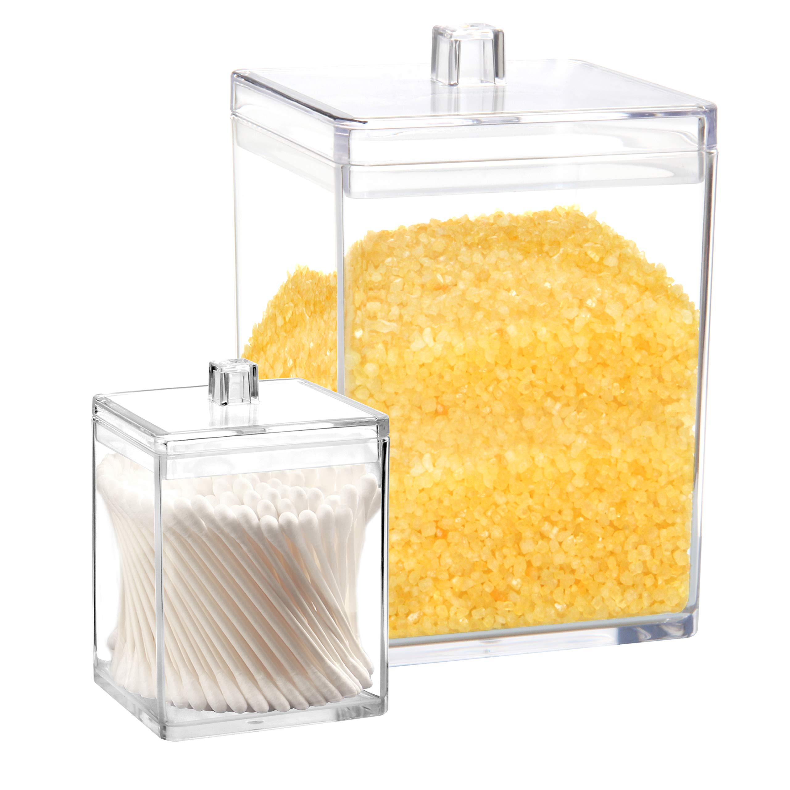 Youngever 2 Pack Clear Square Plastic Apothecary Jars, 1 Pack 1800ML and 1 Pack 450ML, Qtip Holders, Bathroom Organisers