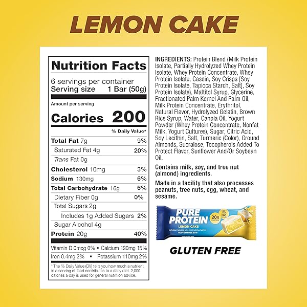 PURE PROTEIN BARS NUTRITIOUS SNACKS TO SUPPORT ENERGY, LEMON CAKE, 1.75OZ