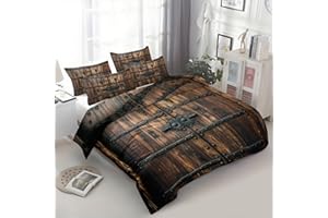 Duvet Cover Set, Vintage Wooden Door Medieval Industrial Style Microfiber Comforter Cover with 2 Pillowcases, Modern Bedding 