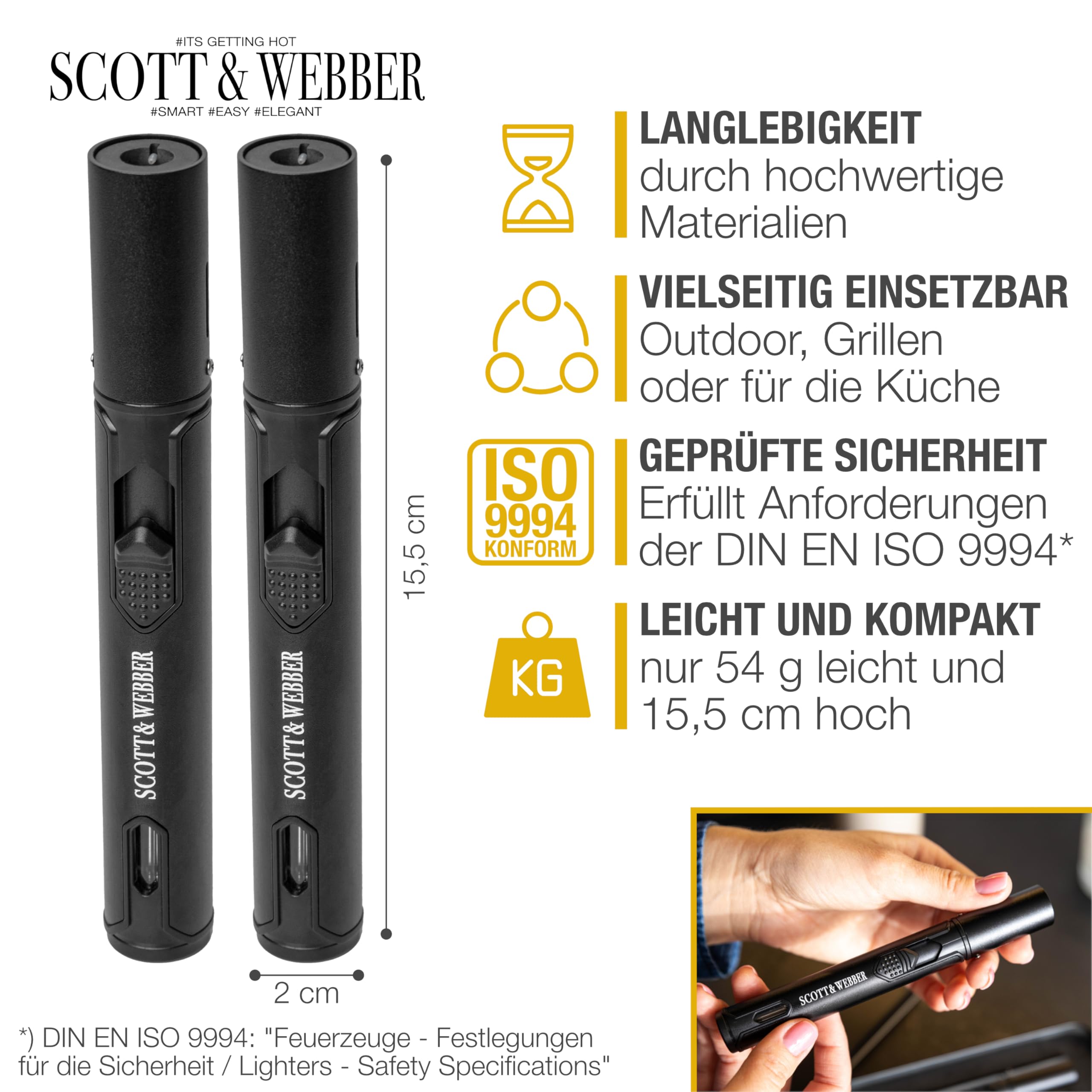 Scott & Webber® - Sturmfeuerzeug mit Jetflamme - 2 Stück Stabfeuerzeug Nachfüllbar Gas Feuerzeug aus Metall - Inkl. edler Metall Geschenkverpackung (Ohne Gasinhalt) 4