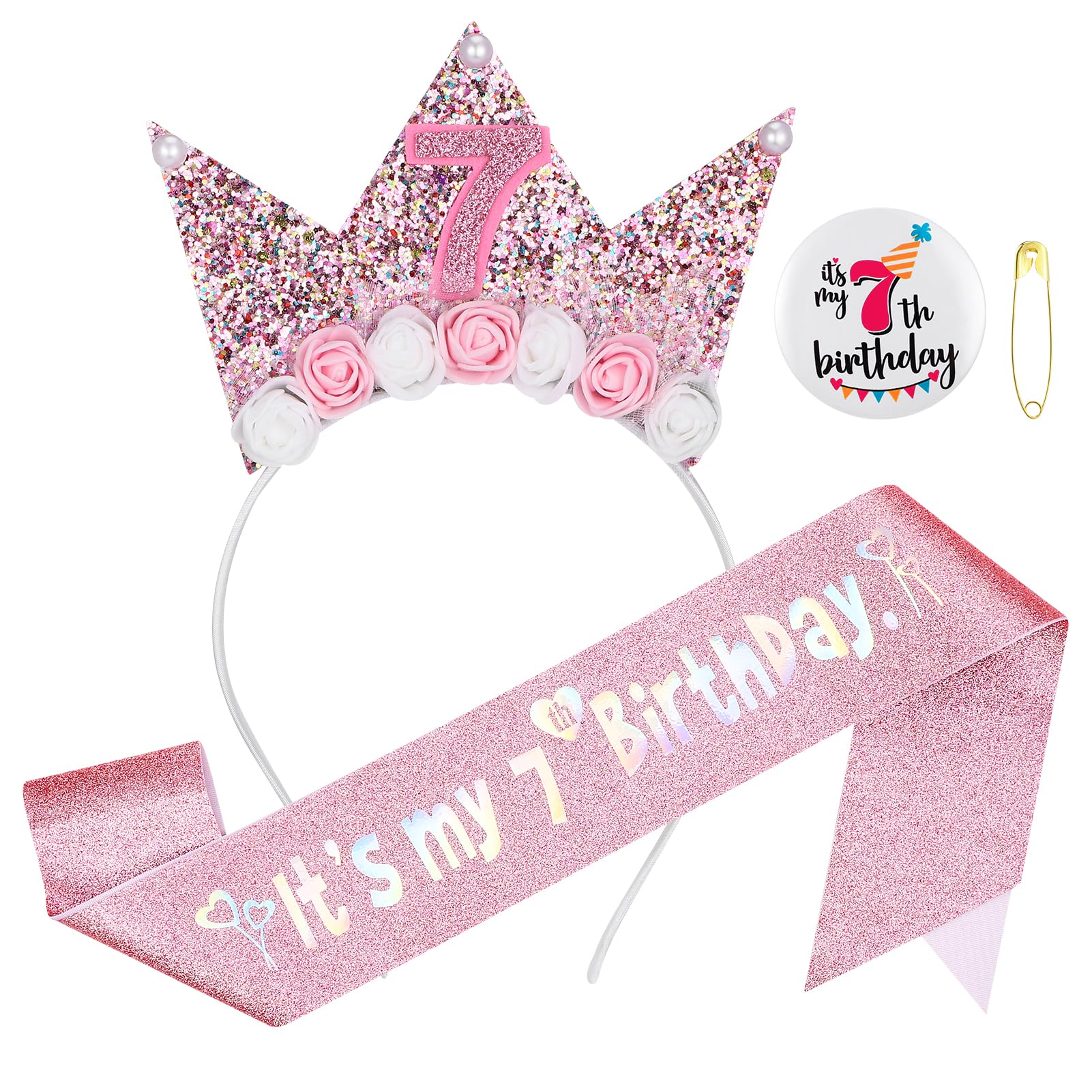 GSrenyu 7th Birthday Decorations for Girls,Headband Glitter Sash and Badge Set for 7 Year Old Girls Birthday Decorations,Flower Princess Crown Headband