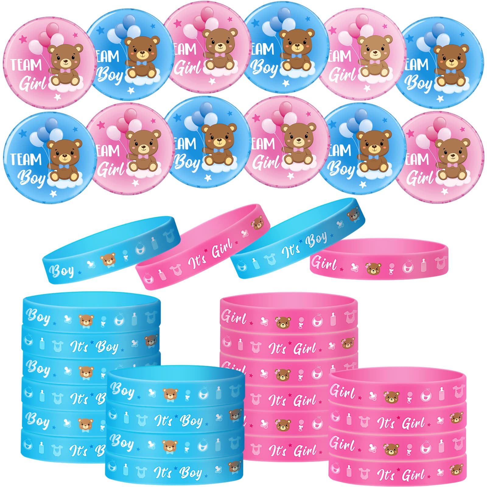 Syhood 48 Pcs Gender Reveal Party Favors Supplies, Pink Blue Button Pins, Silicone Wristbands for Gender Reveal Ideas Party Supplies Decorations(Blue, Pink,Bear)