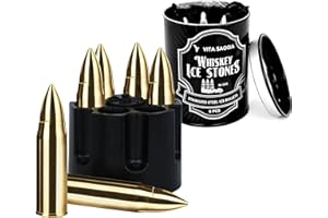 VITA SAGGIA Set of 6 Golden Whiskey Stones with Freezer Base, Premium Stainless Steel Reusable Chilling Ice Cubes Rocks Stone Chillers Gift Set for Men (Gold)