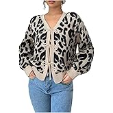 WDIRARA Women's Leopard Cardigan Sweaters Tie Front V Neck Long Sleeve Knit Cropped Outerwear