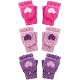 Geyoga 3 Pair Kids Fingerless Gloves for Girls Winter Warm Convertible Flip Top Gloves Heart Half Finger Mitten for Toddler