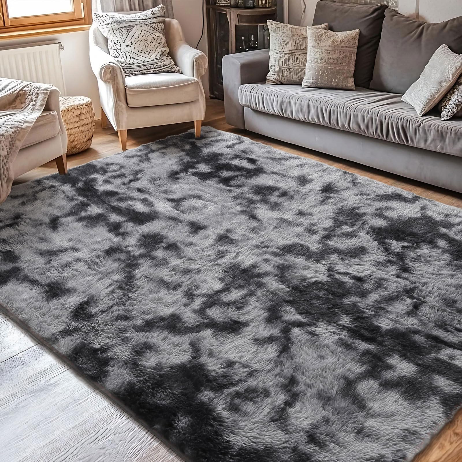 Cinknots Rugs Living Room Fluffy Rug for Bedroom,Baby Nursery&Dorm,Soft Non-slip Large Modern Indoor Shaggy Carpet(Black Grey,120 x 160 cm) — image 1