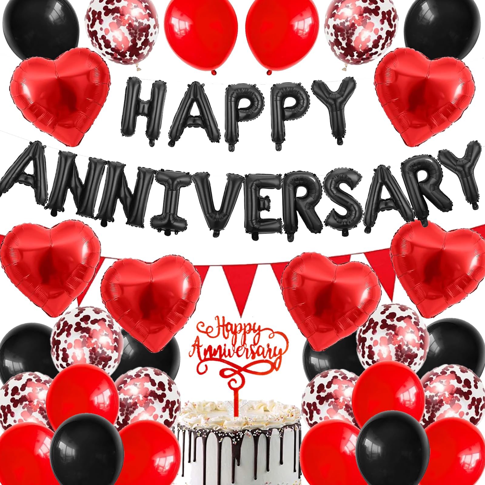 Happy Anniversary Decorations, 48Pcs Black Red Romantic Wedding Decoration Set with Heart Foil Balloon, Confetti Latex Balloons for Valentines Day Proposal Confession Wedding Anniversary Party
