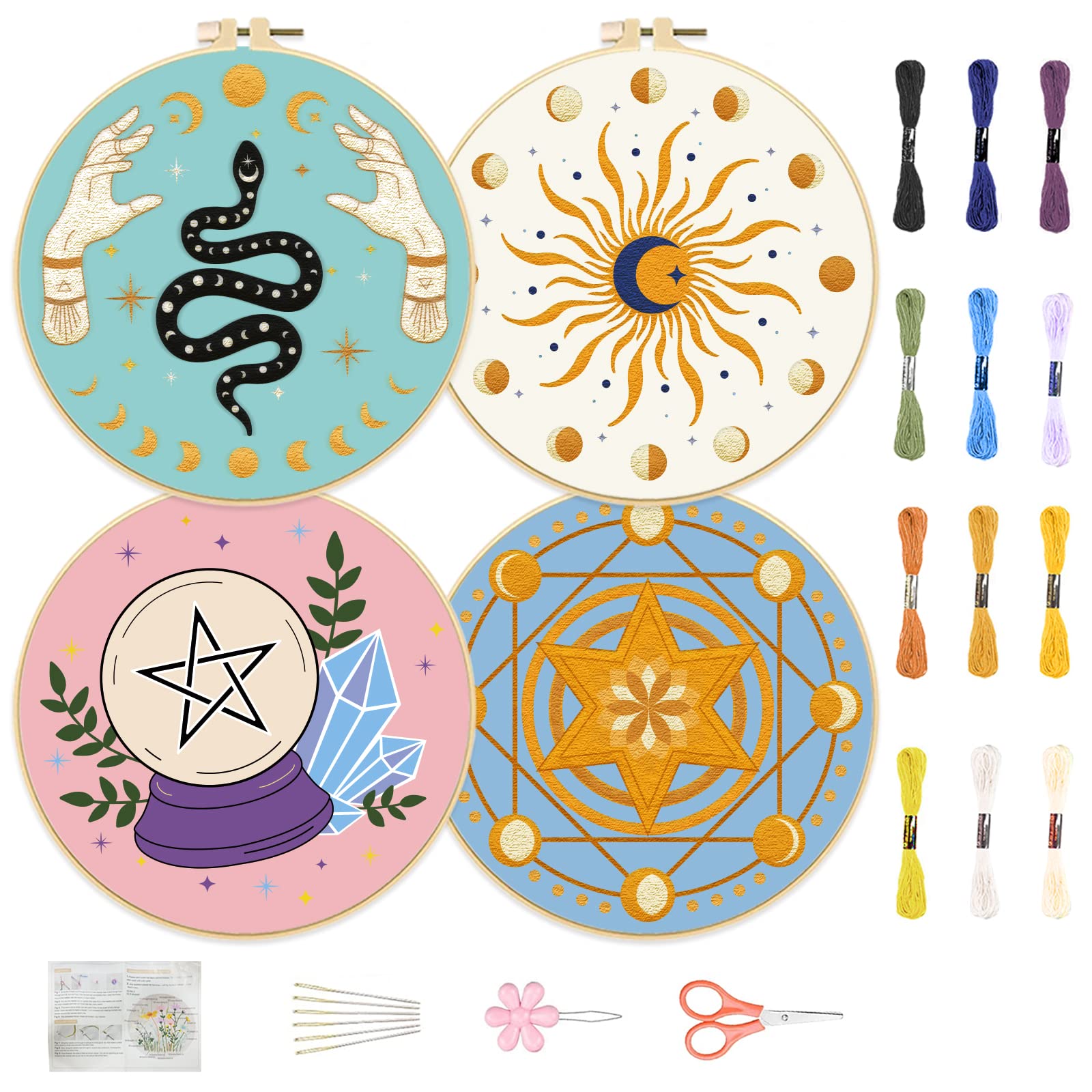 FREEBLOSS 4 Set Tarot Style Embroidery Kit for Beginners Cross Stitch Kit with Instructions Full Kit of Embroidery Cloth Embroidery Hoops Color Threads and Tool