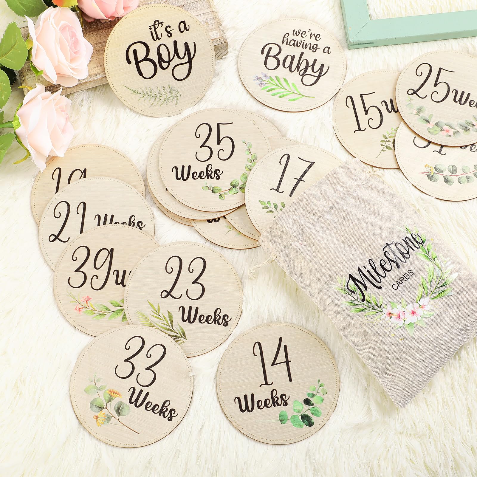 18 Pcs Wooden Pregnancy Week Signs for 8-40 Weeks Pregnancy Milestone Tracker Discs Neutral Baby Announcement Cards Double Sided with Bag for Pregnant Moms