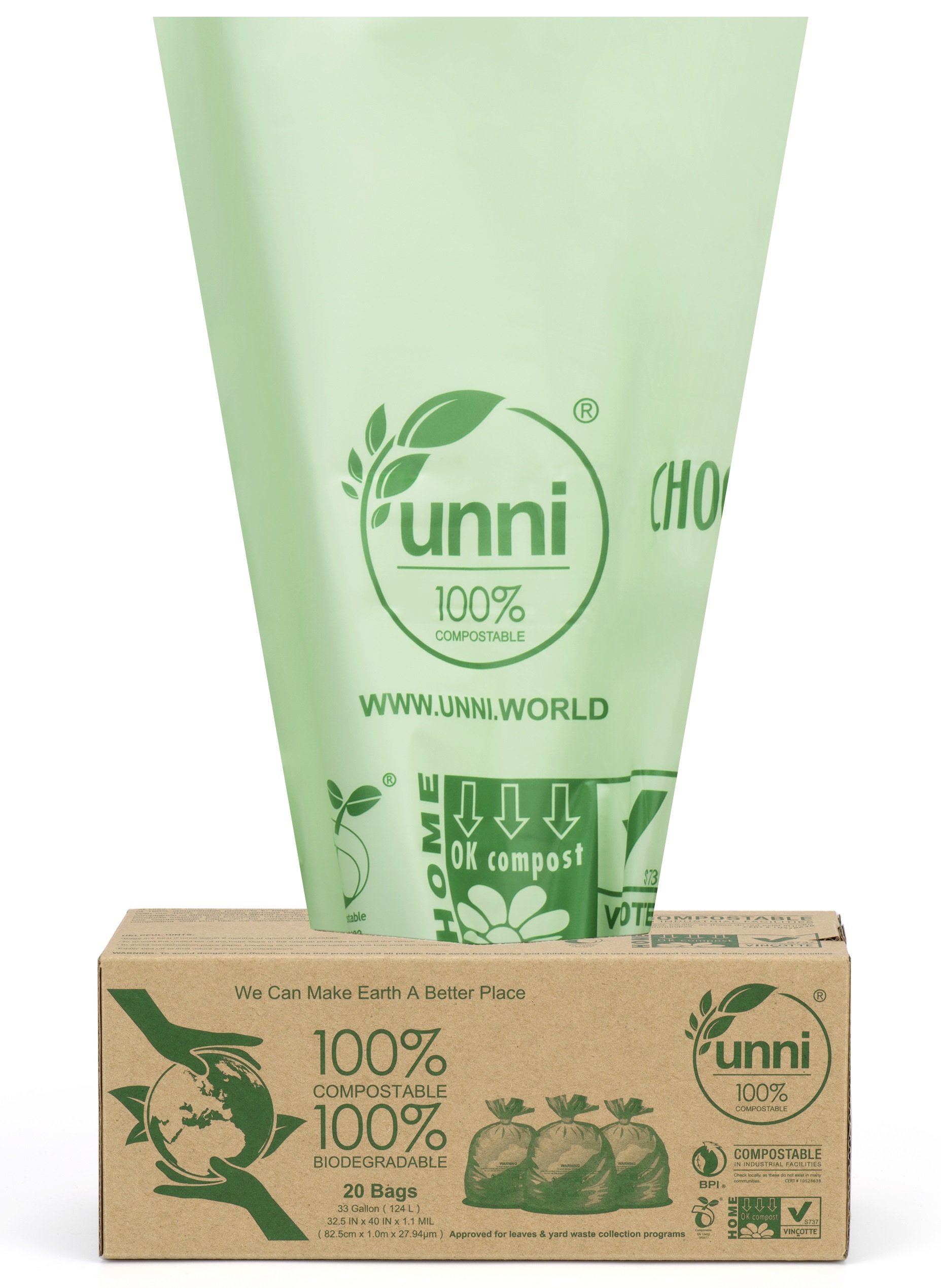 UNNI ASTM D6400 100 Compostable Bags, 13 Gallon, 100 Count
