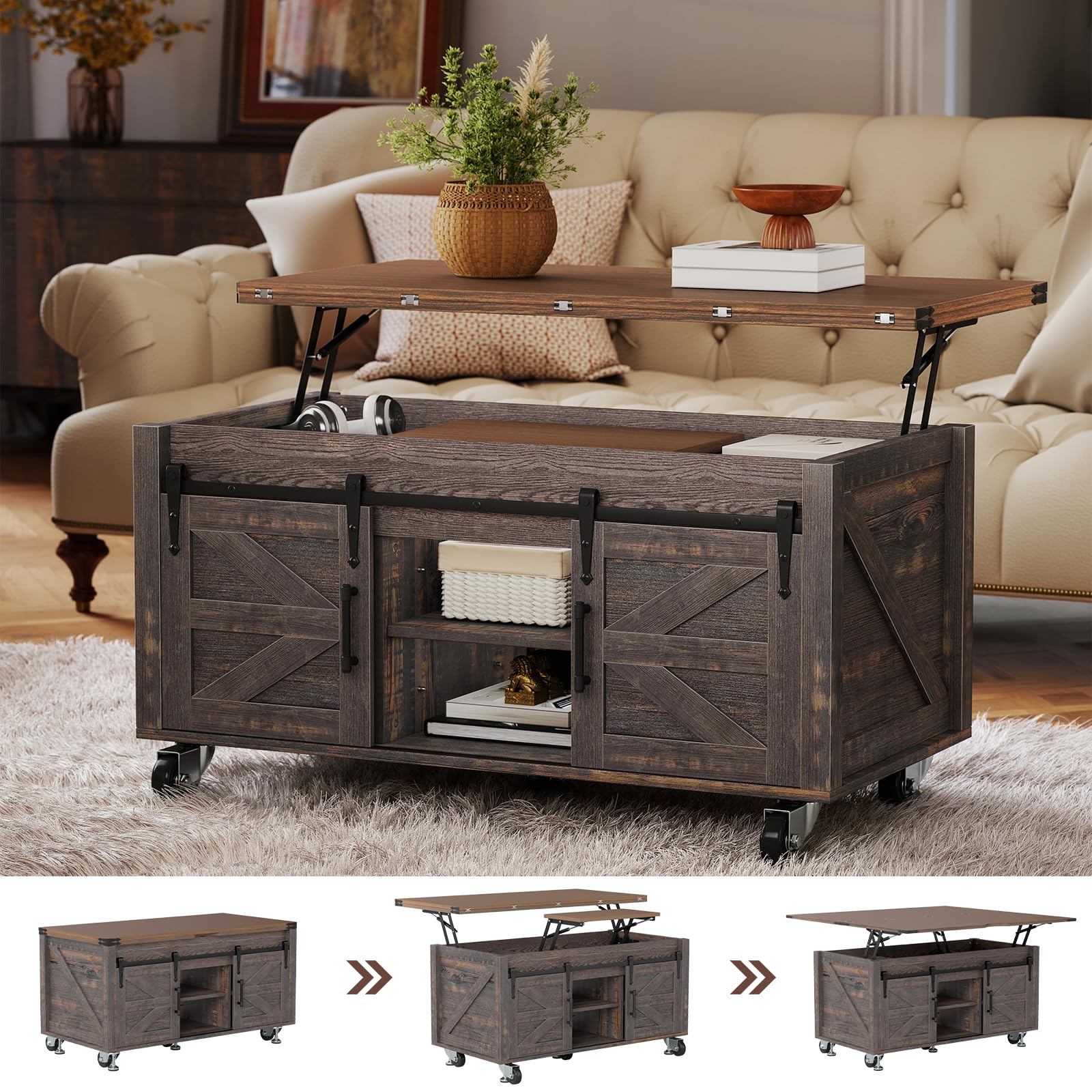 Photo 1 of Turosur Lift Top Coffee Table with Storage, 4 in 1 Farmhouse Coffee Table with Lockable Rolling Wheels and Hidden Compartment, Center Table with 4 Sliding Barn Door for Living Room