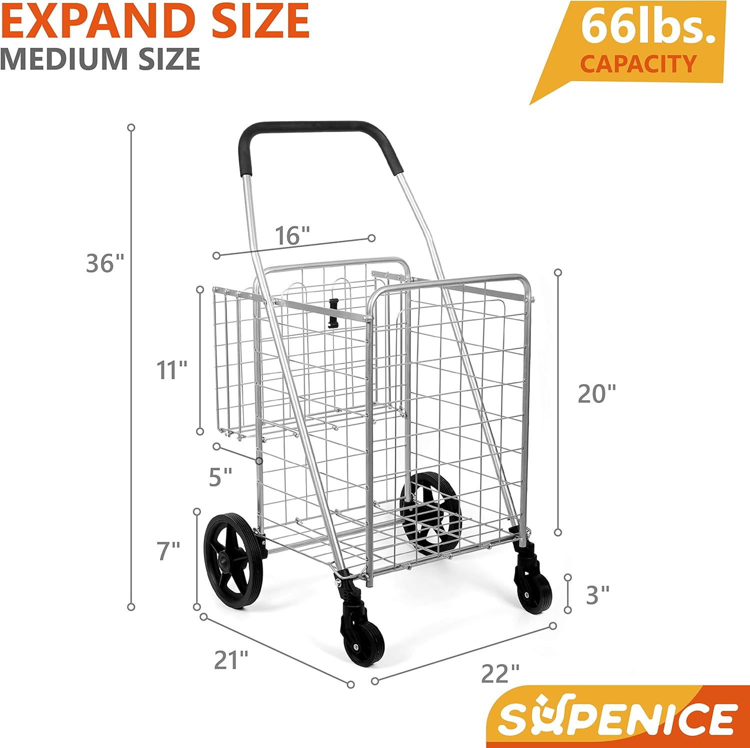 SUPENICE Grocery Utility Shopping Cart - Deluxe Folding Cart with Double Basket and 360° Rolling Swivel Wheels 66 lbs Utility Cart with Wide Cushion Handle Bar for Grocery Laundry Book Luggage Travel : Office Products