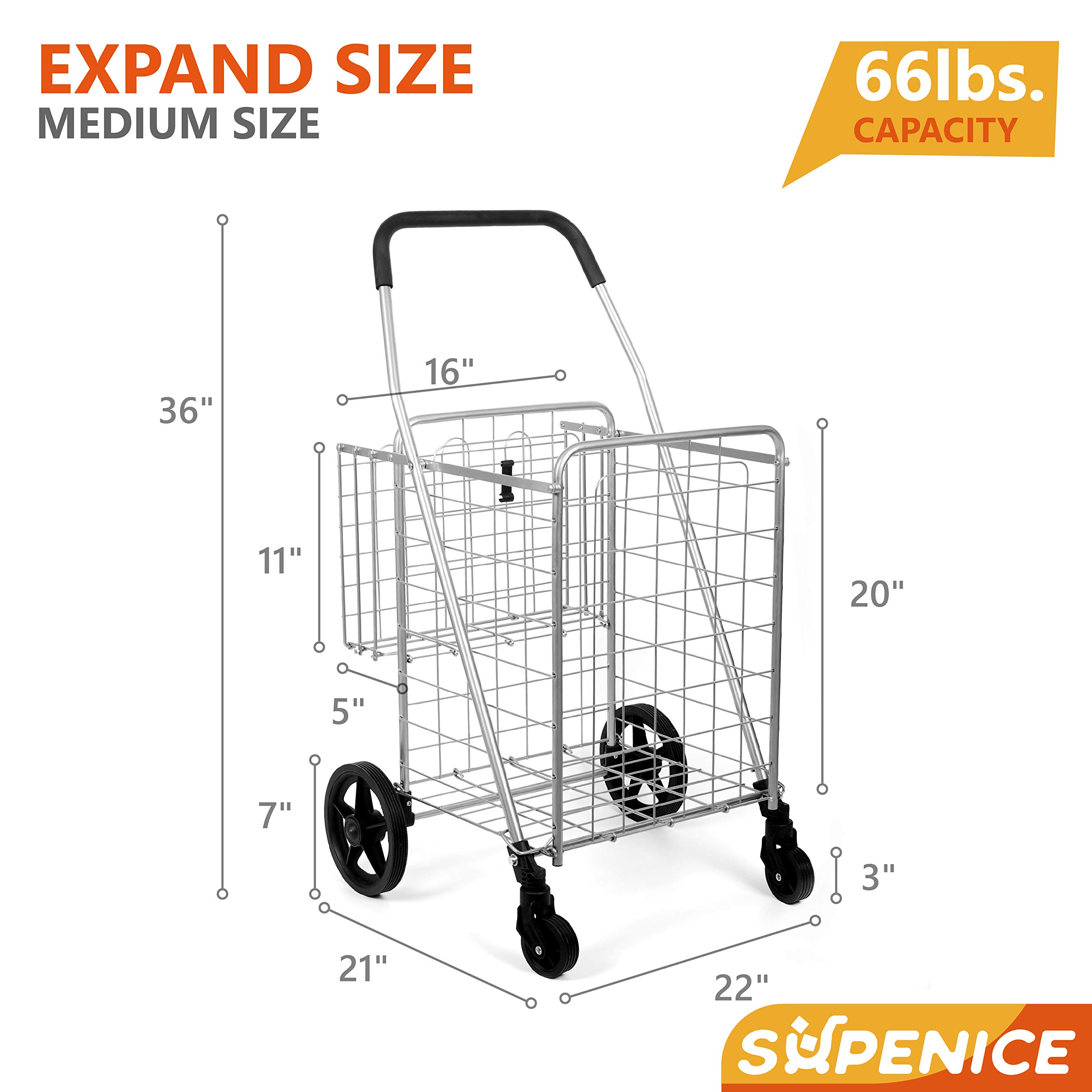 Durable-Utility-Folding-Shopping-Cart-Supenice-SN7503SN7504-Double-Basket-Mesium-Size-Swivel-Wheels-65-lbs-Capacity-Multipurpose-Trolley-Dolly-Suitable-with-Laundry-Shopping-Grocery