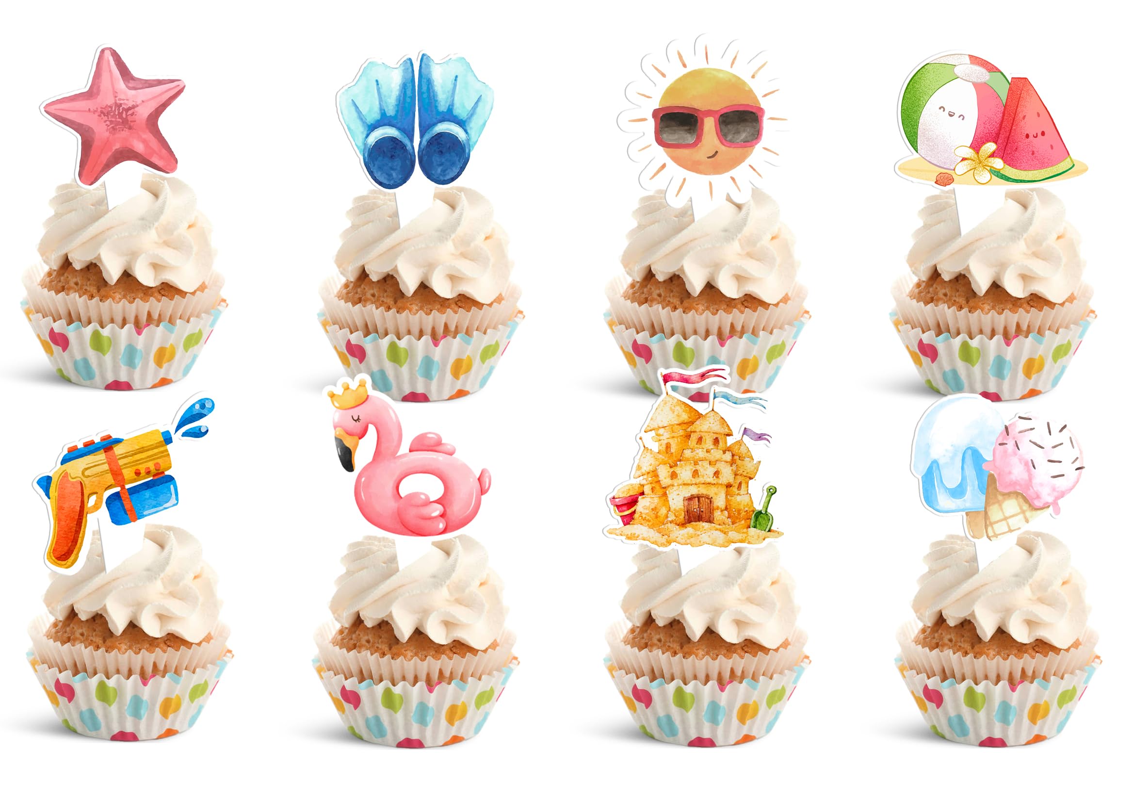 Photo 1 of **2 pak**32 PCS Summer Beach Pool Cupcake Toppers | Ball Sun Umbrella Diving Goggles Watermelon Water Gun Slippers Cupcake | Birthday Party Decorations