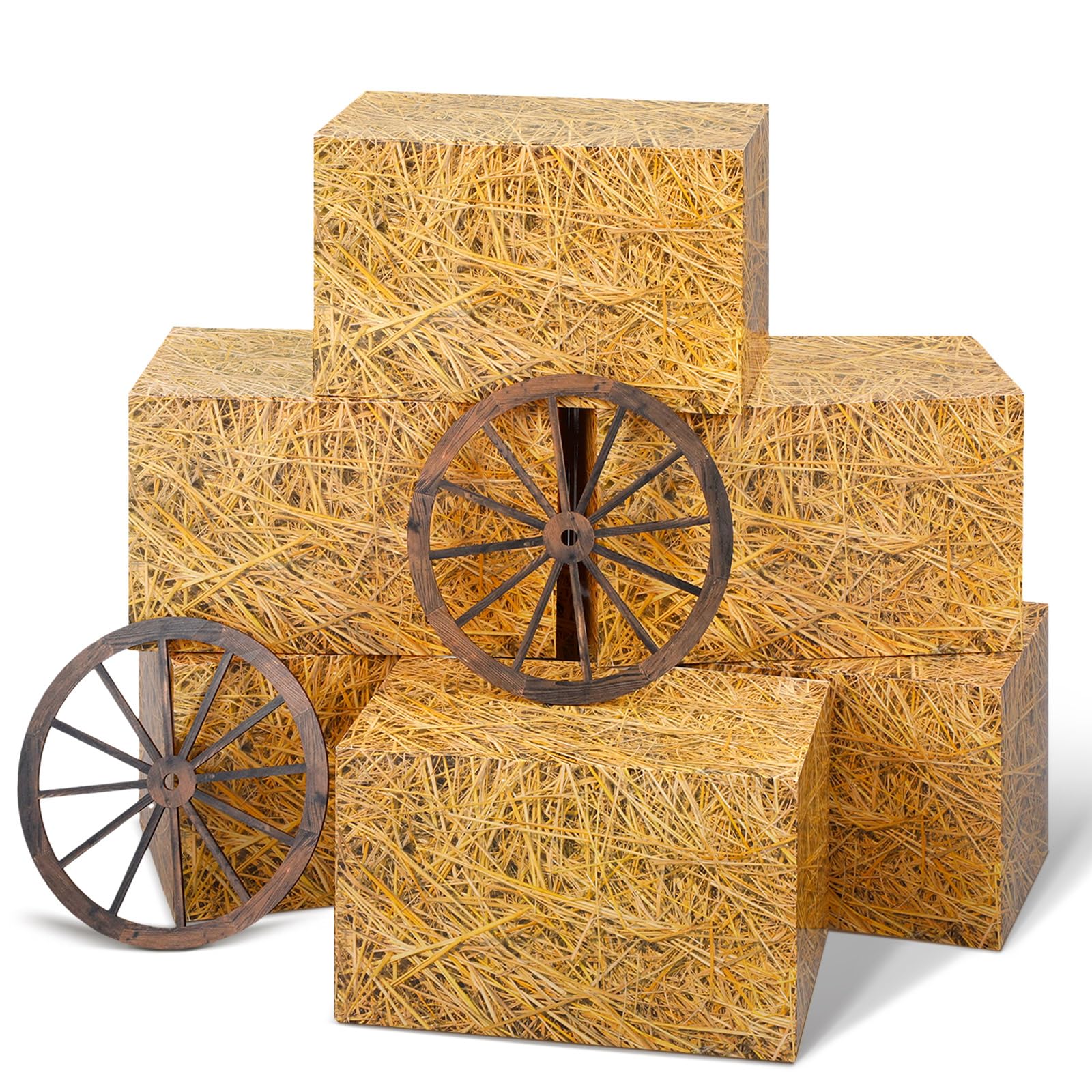 Photo 1 of Outus 8 Pcs Hay Bales Paper Boxes Decor Western Cowboy Party Decorations Trunk or Treat Car Decor Fake Hay Photo Booth Props Rustic Wooden Wagon Wheel Straw for Fall Harvest Halloween