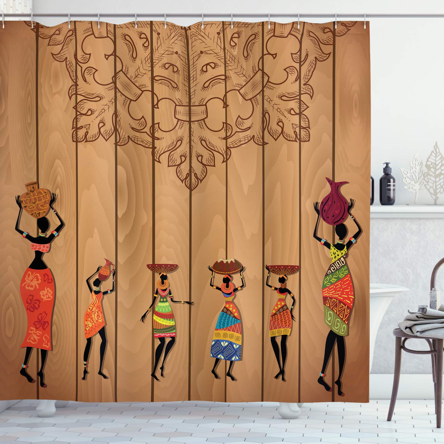 ABAKUHAUS African Shower Curtain, Girls Vintage Wooden Texture Female Fashion Art Concept, Cloth Fabric Bathroom Decor Set with Hooks, 78" Inches, Caramel Taupe