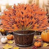 unlemoni 40 Bundles Artificial Fall Flowers Outdoor UV Resistant Orange Fall Fake Lavender Flowers Plants No Fade Faux Monkey Grass Greenery Shrubs Bushes for Home Garden Porch Autumn Fall Decorations