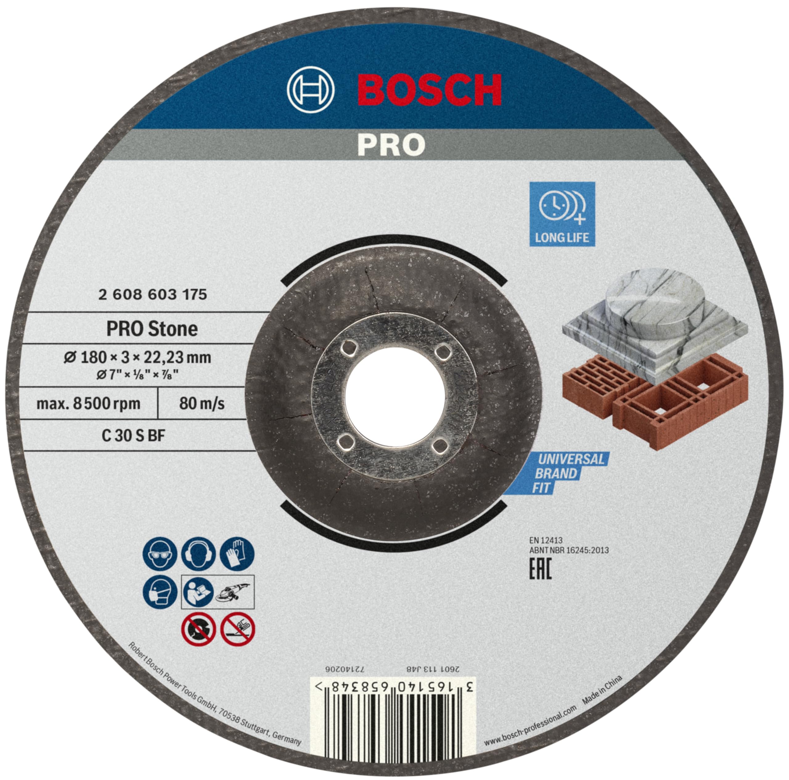 Bosch 1x PRO Stone Longlife Cutting Disc for Large Angle Grinder and Bore 22.23 mm (for Hollow brick building block, Marble, Ø 180 mm, Professional Accessory Large Angle Grinder)