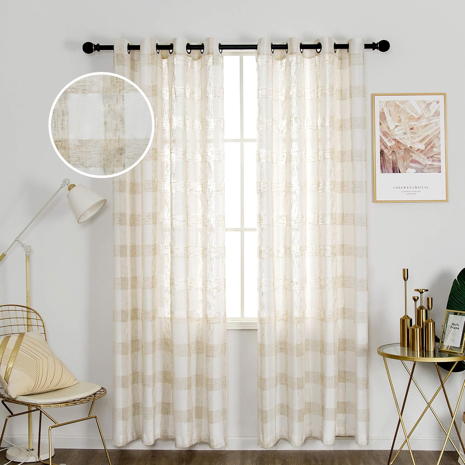 RNDRSSE Plaid Sheer Curtains Linen Light Filtering Semi