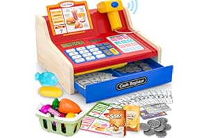maysida Rechargeable Wooden Cash Register for Kids, Pretend Play Calculator Cash Register Toys with Scanner, Play Money&Credit Card, Play Cash Register, Toddler Boys Girls Age 2-4 4-8