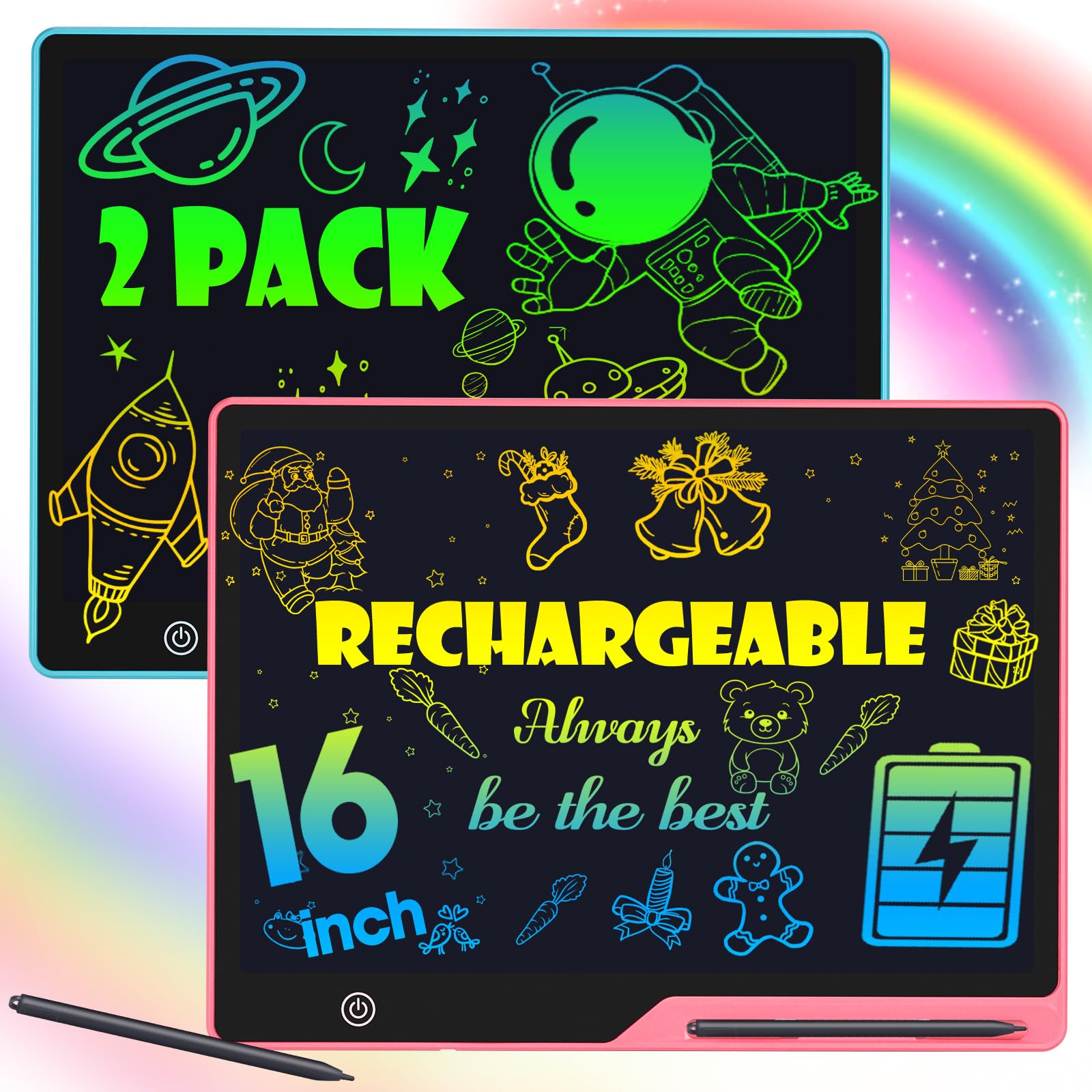 POPERFUN 2 Pack LCD Writing Tablet for Kids, 16 Inch Rechargeable Erasable Doodle Board Colorful Toddler Drawing Tablet, Preschool Learning Toys Christmas Birthday Gift 3-7 Year Old Girls(Pink&Blue)