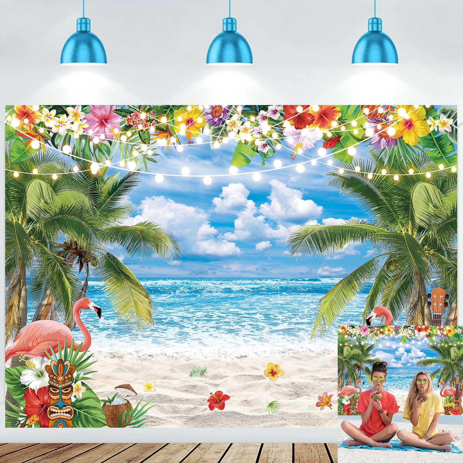 Summer Hawaiian Beach Ocean Photography Backdrop 7X5FT Blue Sky Seaside Sea Tropical Palm Trees Background for Aloha Luau Party Decorations Banner (82x59inch)