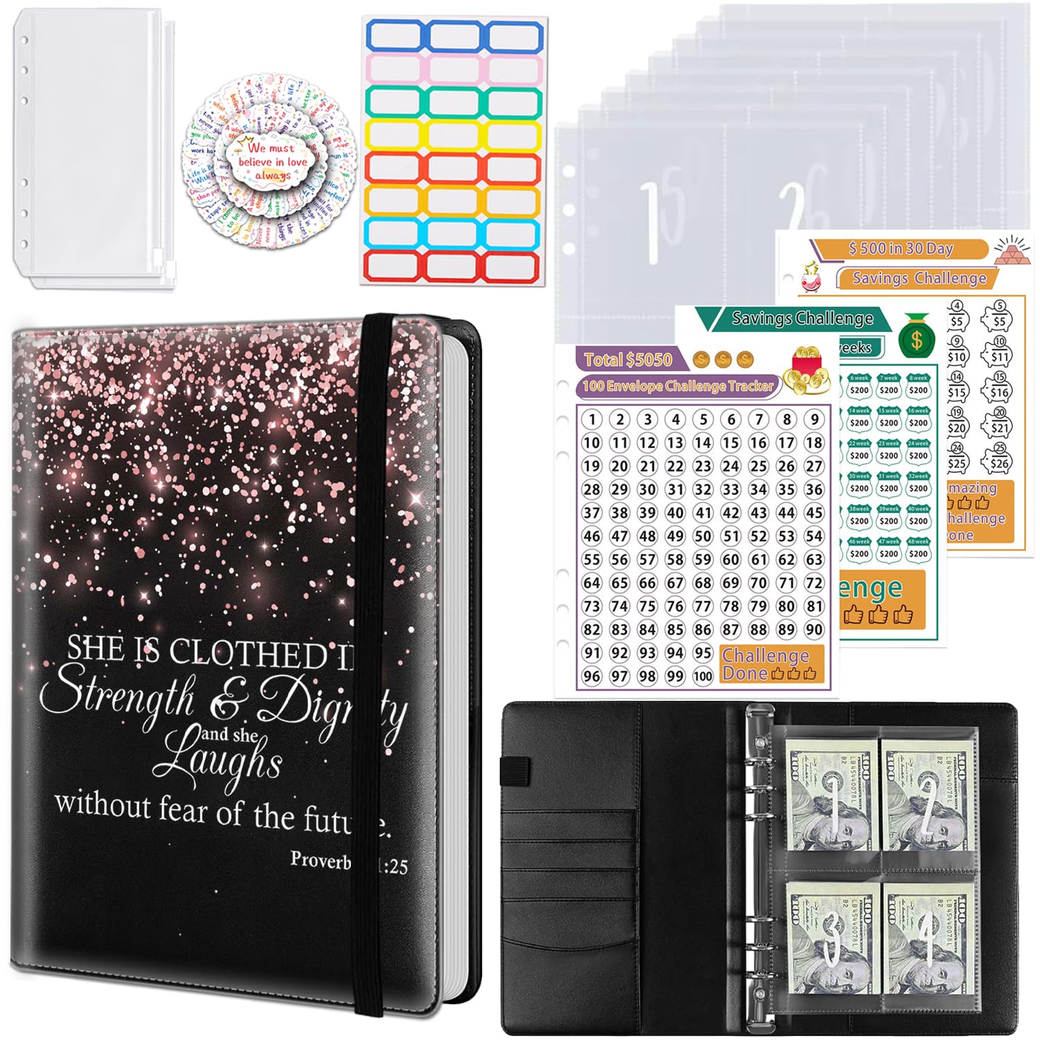 Photo 1 of 100 Envelopes Money Saving Challenge Binder, A5 Budget Binder with Envelopes and Challenge Tracker, Savings Challenges Planner Book to Save $5050,Proverbs 31-25 Bible Verse Rose Gold