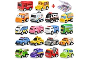 KARBERDARK 18 Pack Assorted Pull Back Car Toys for Kid with Storage Organizer Box, Mini Model Vehicle Set with Display Case for Child Toddler, Small Play Truck Bulk for Boy and Girl Party Favors, Birthday Gift