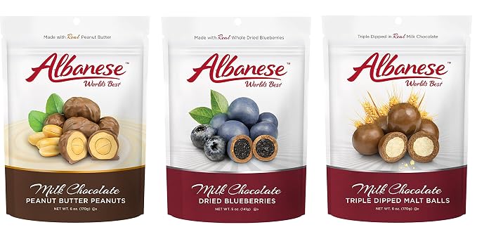 Albanese World'S Best Milk Chocolate Covered Gift Trio - Peanut Butter Peanuts, Dried Blueberries, And Malt Balls In Resealable Pouches (613165693651)