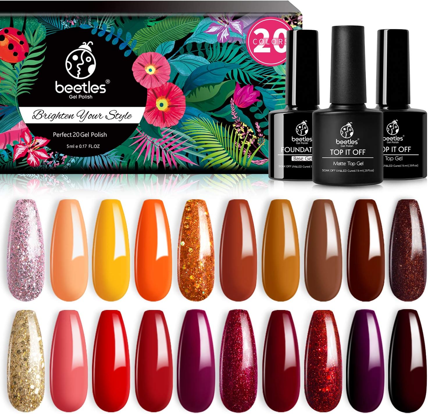 Beetles 20 Pcs Gel Nail Polish Kit, Fall Harvest Collection Soak Off Nail Gel Polish Gold Yellow Nail Polish Red Burgundy Glitter Gel Polish Starter Kit with Glossy & Matte Top Coat and Base Coat : Beauty
