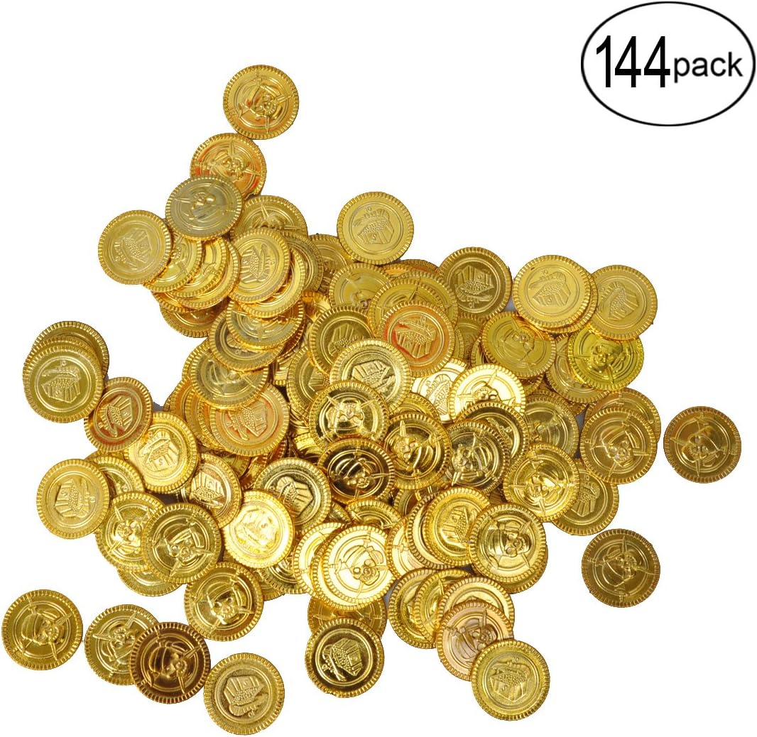 BUYDEAL Pirate Coins Pirate Party Favor Plastic Gold Coins, 144 Pieces