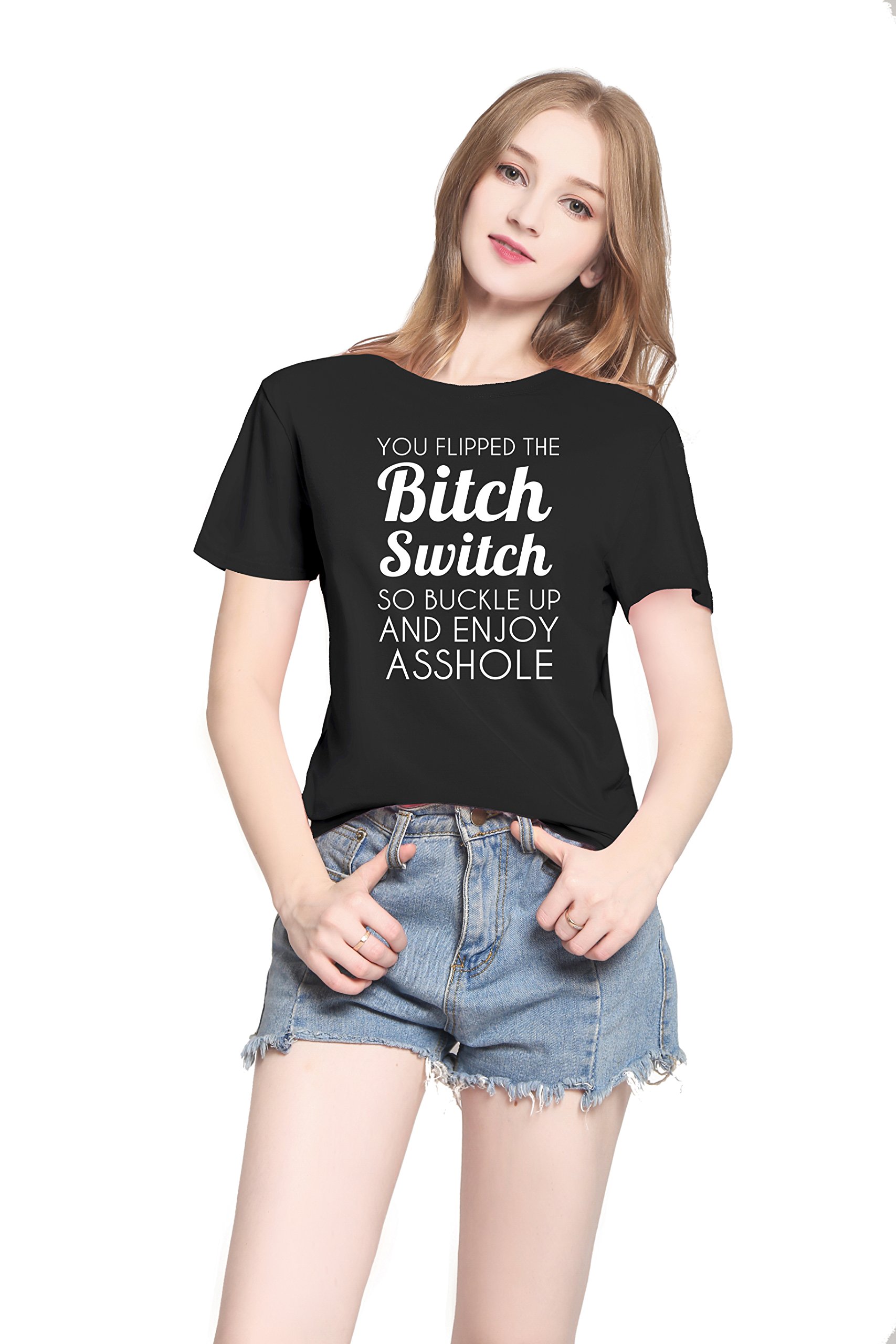 PINJIA Womens Cute Letter Printed Graphic Funny Tshirts Top Tees(MX15)(L,Black Bitch Switch)