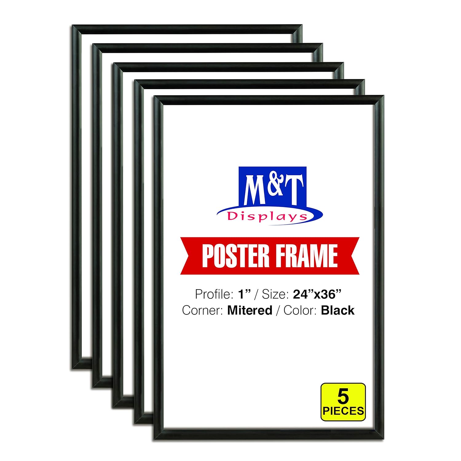 M&T Displays Snap Frame 24x36 Inch Poster Size, 1 Inch Black Color Aluminum Profile, Front Loading, Mitered Corner (5 Frames)