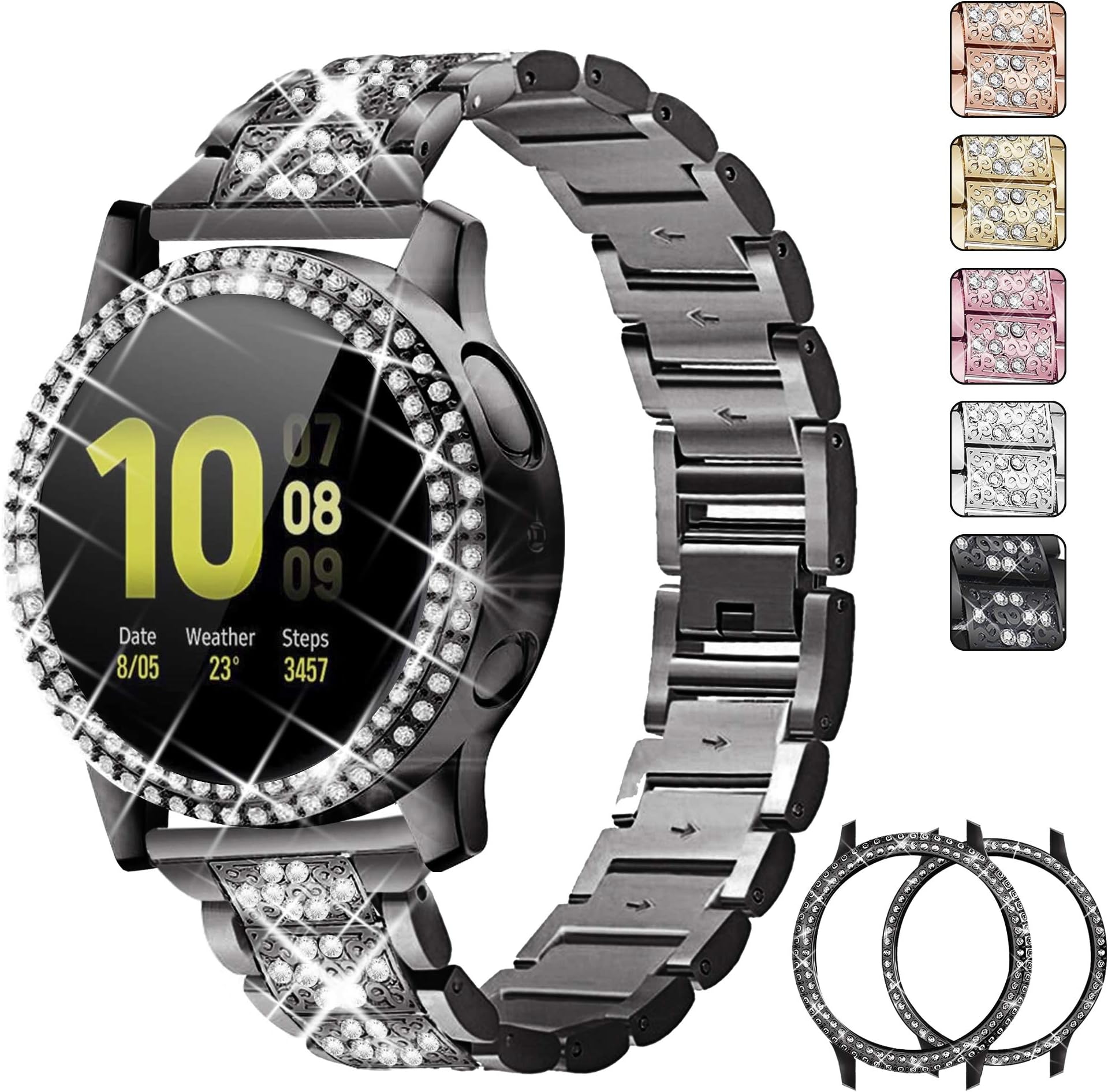 Compatible for Samsung Galaxy Watch Active 2 Band 44mm, 2 pack Bling Crystal Diamonds PC Case Cover for Galaxy Active 2 44mm for women(Black)
