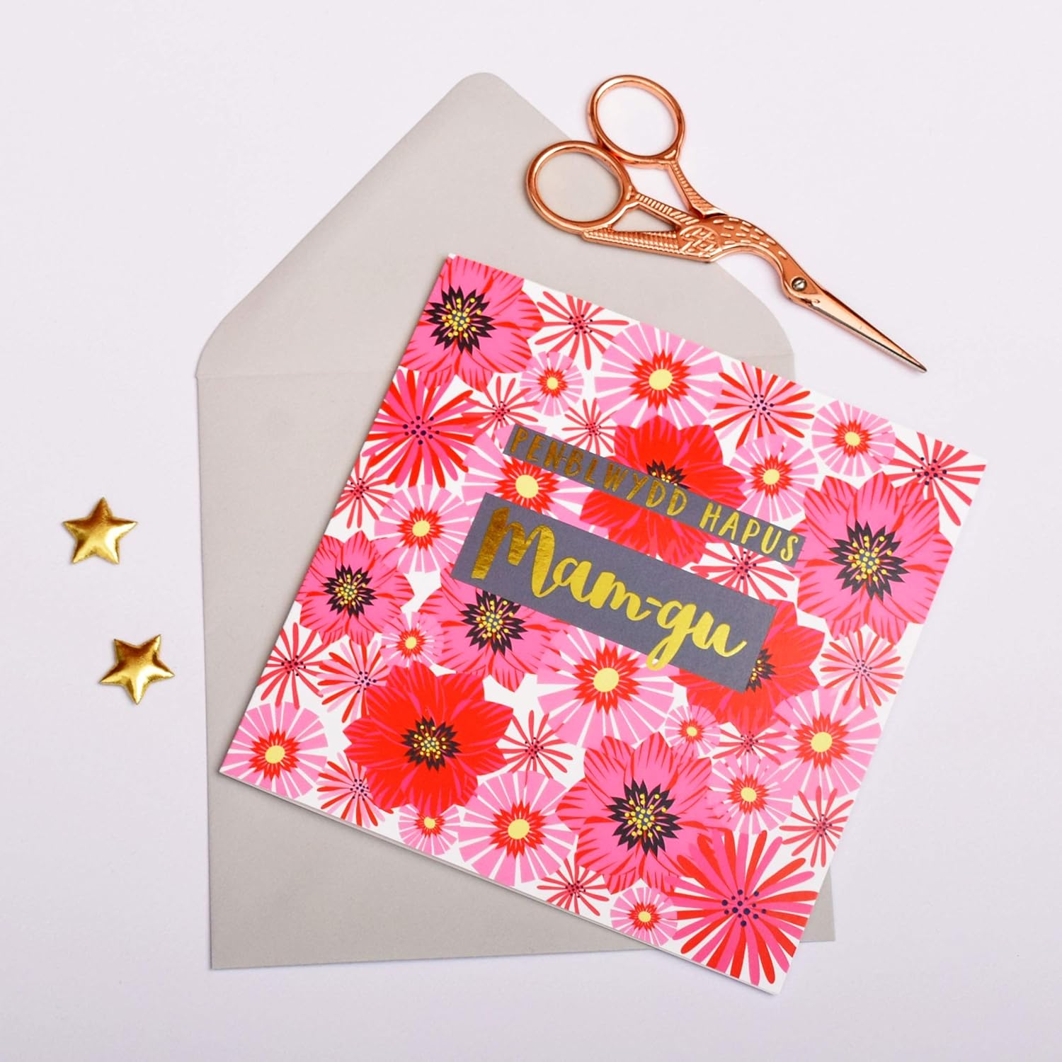 Claire Giles Greeting Cards, Welsh Happy Birthday Granny Card, Penblwydd Hapus Mam-gu, Text Foiled in Shiny Gold - Image 3