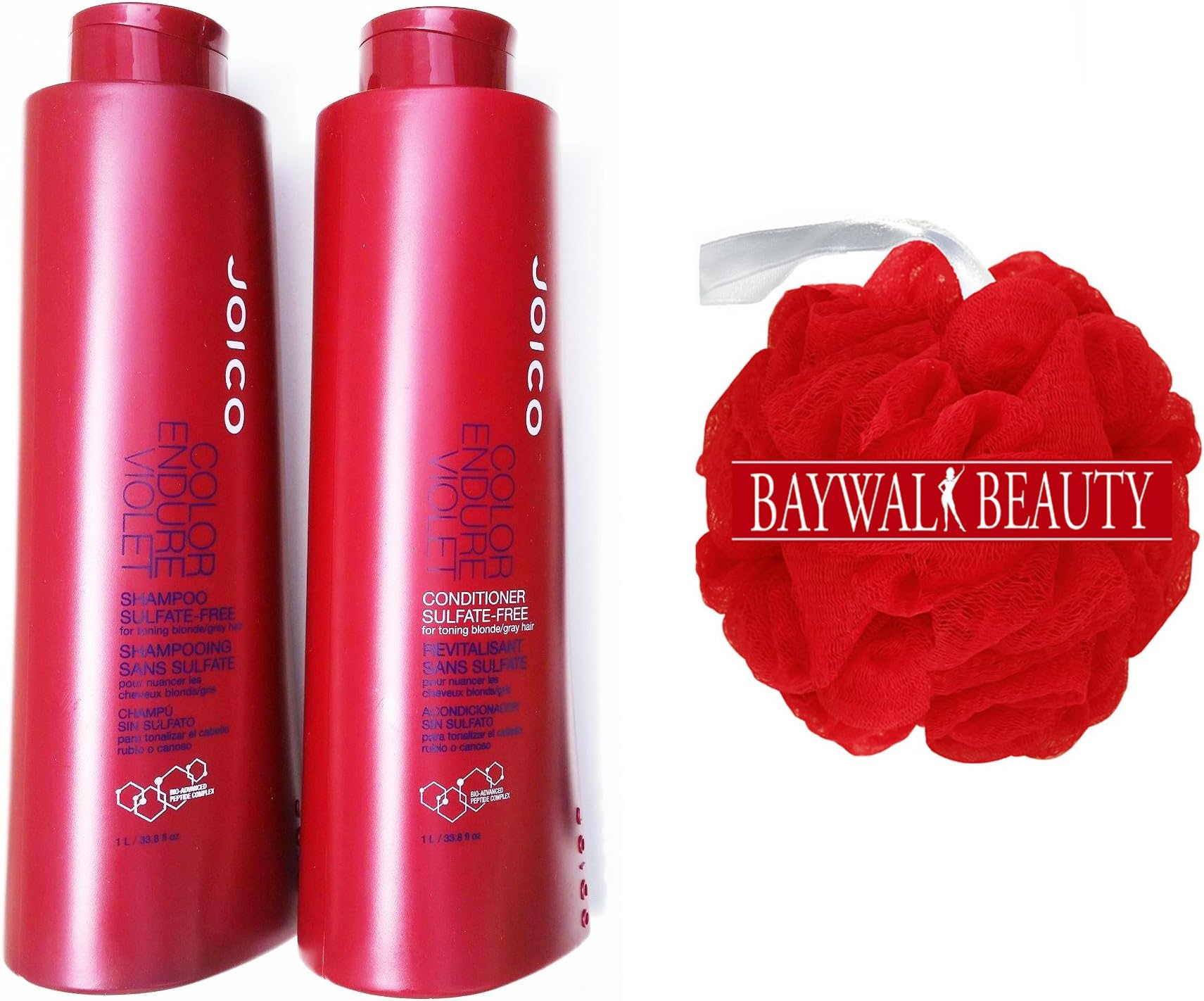 Joico Color Endure Violet- Sulfate Free Shampoo and Conditioner DUO 33.8 Oz FREE Shower Pouf (Colors May Vary)