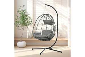 TINFOMYOU Hanging Egg Chair with Stand, Egg Chair Outdoor Indoor, 350LBS Capacity Egg Swing Chair with Stand, UV&Water Resistant Cushion Egg Swing Chair for Garden, Porches, Dark Grey