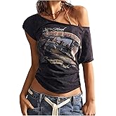 OYOANGLE Women's Off The Shoulder Graphic Tees Vintage Printed Short Sleeve Tshirts Streetwear