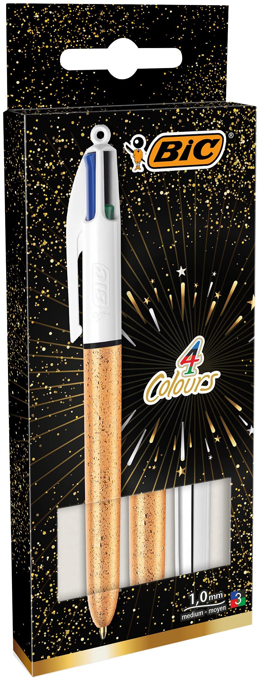 BIC 4 Colours Ball Pens Medium Point (1.0 mm) - Assorted Barrel Colours (Gold Frozen Textured and Silver), Pack of 3, 992580