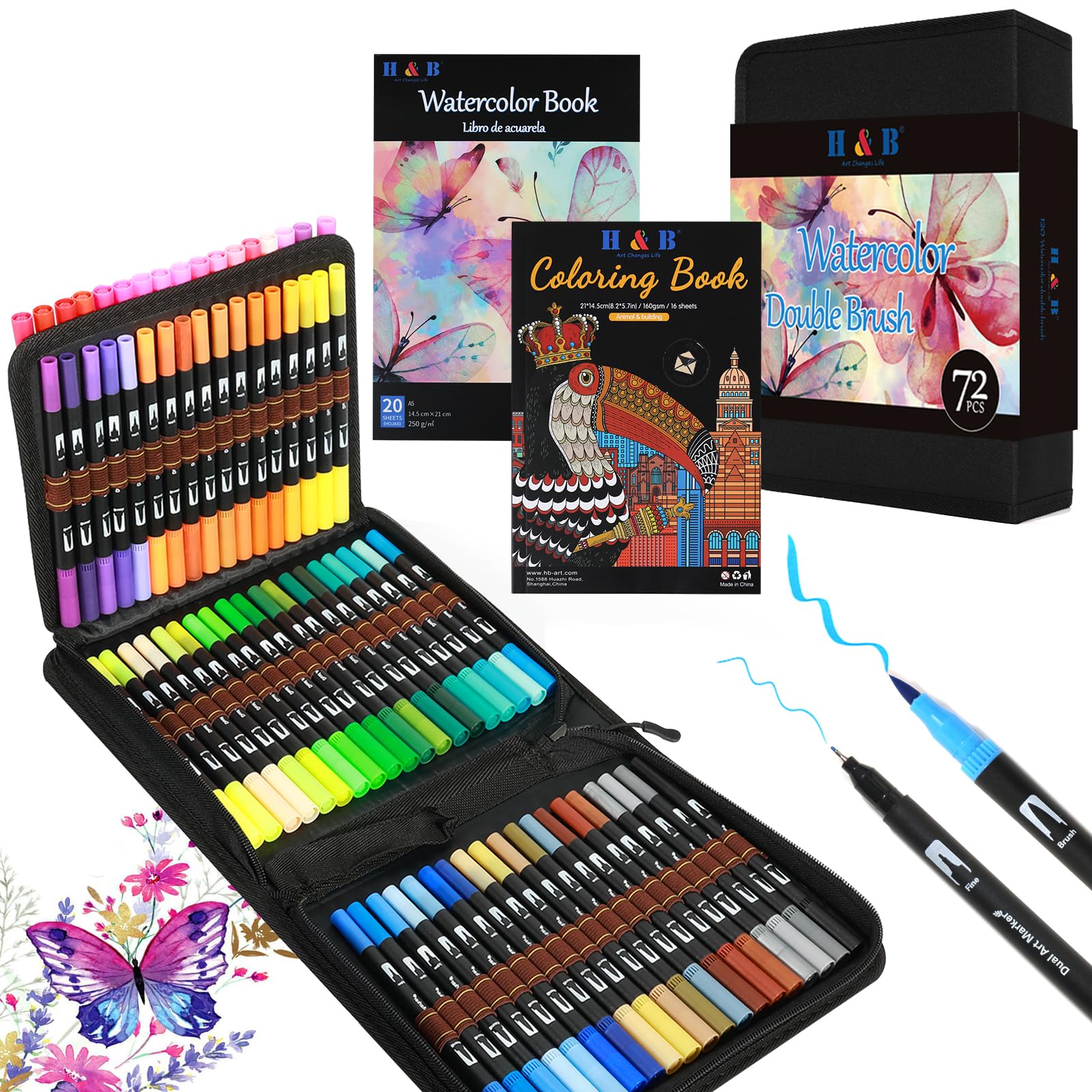 H & B 72 Colors Dual Brush Markers with Fineliner,Felt Tip Pens for Adults Kids,Colouring pens with Case for Drawing,Sketching,Easter,Christmas