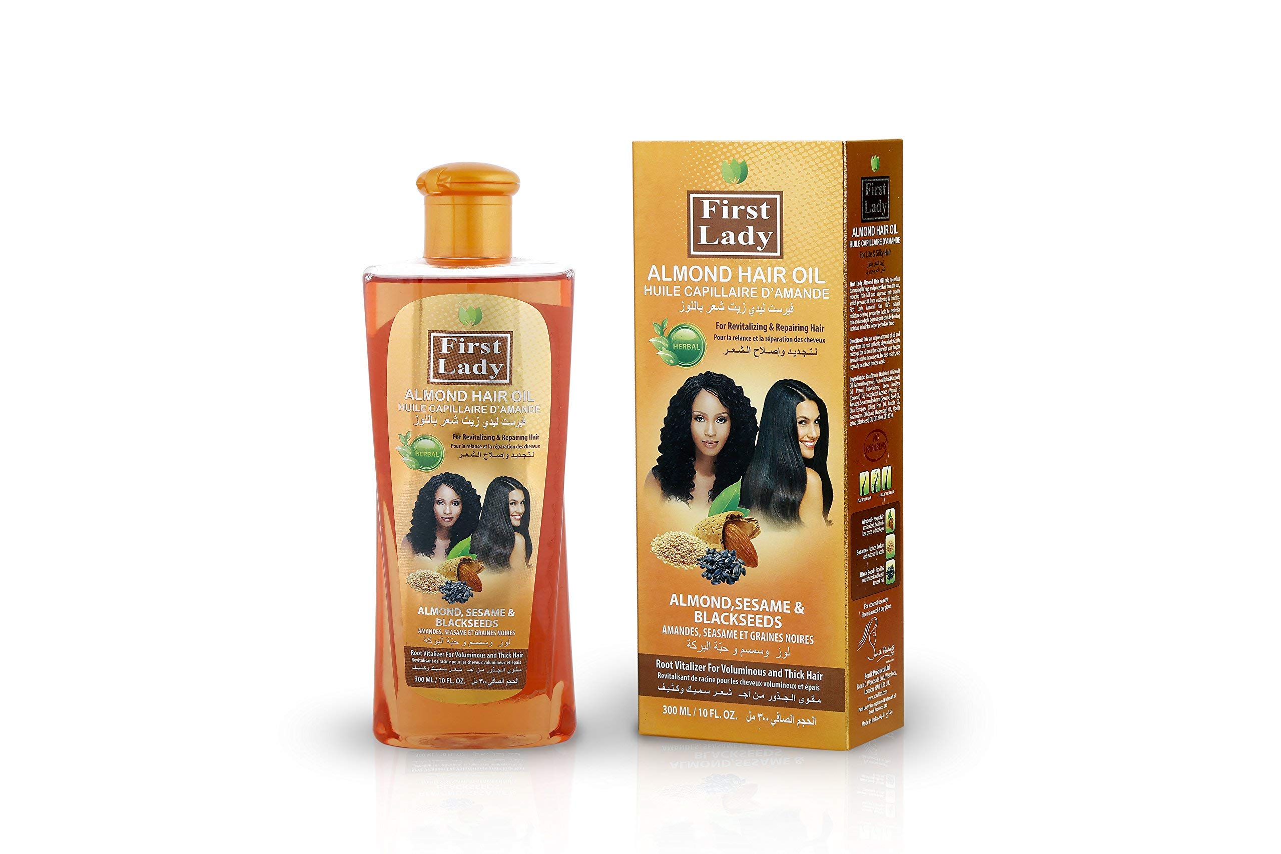 First Lady Herbal (Ayurvedic) ALMOND Hair Oil 300ml – For Revitalizing & Repairing Hair – With Sesame & Black Seeds - For Afro Asian European Hair Types