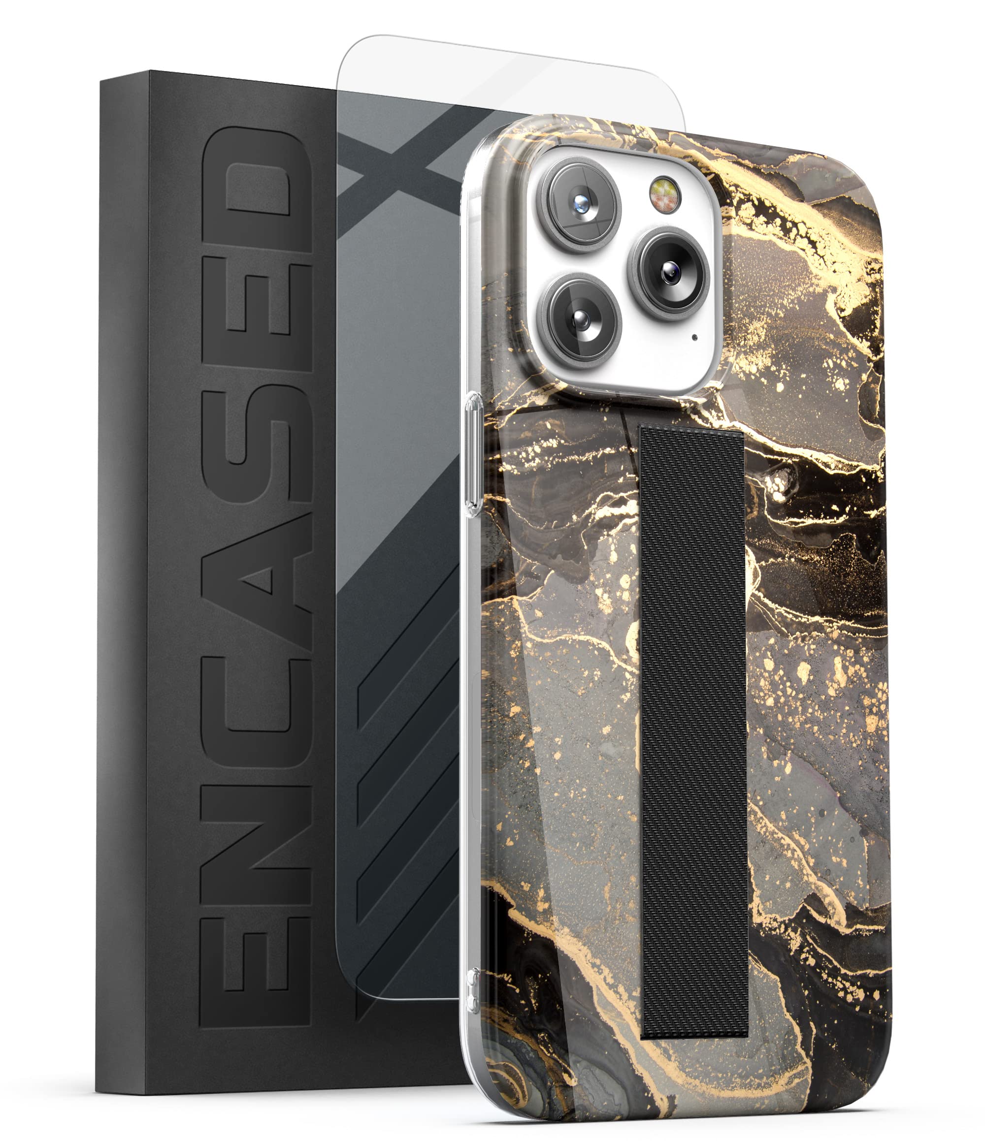 Encased Loop Strap Case, Compatible with iPhone 14 PRO MAX (2022) with Screen Protector, Black Gold Marble — image 1
