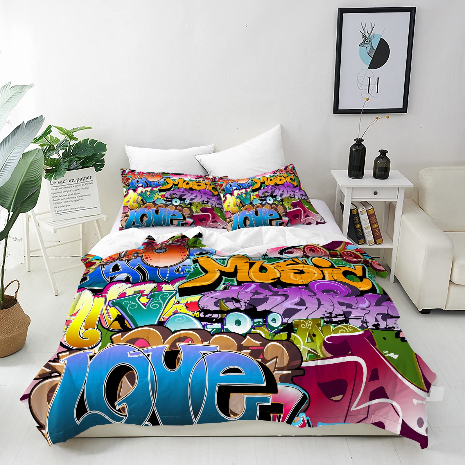 ANHOPE Graffiti Duvet Cover Set Soft Lightweight 3Pcs Bedding Set with 2 Pillowcase Colorful Hip Hop Hippie Urban Doodle Print Pattern Kids Boys Girls Teens Quilt Cover with Zipper Closure Single Size — image 1
